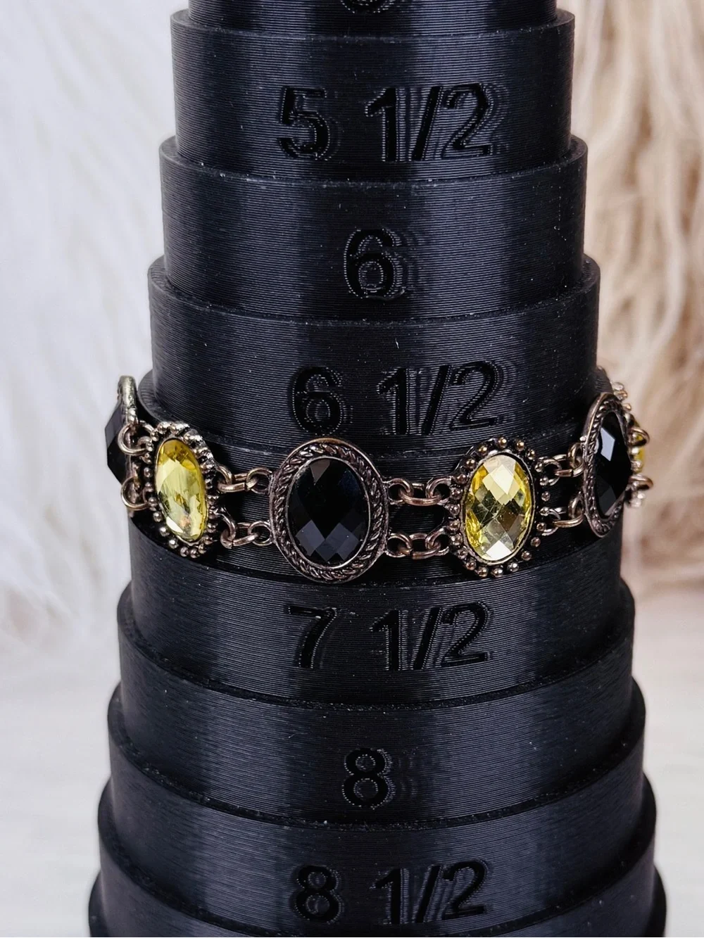 Vintage aged Silvertone Yellow Black Bling Accents Link Toggle Closure Bracelet
